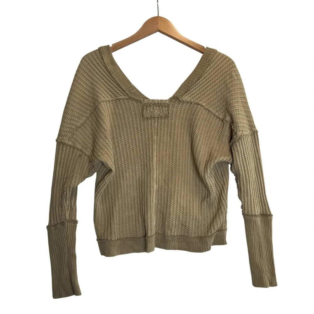 We The Free Magic‎ Thermal Waffle Golden Olive Oversized Pullover Top Boho XS